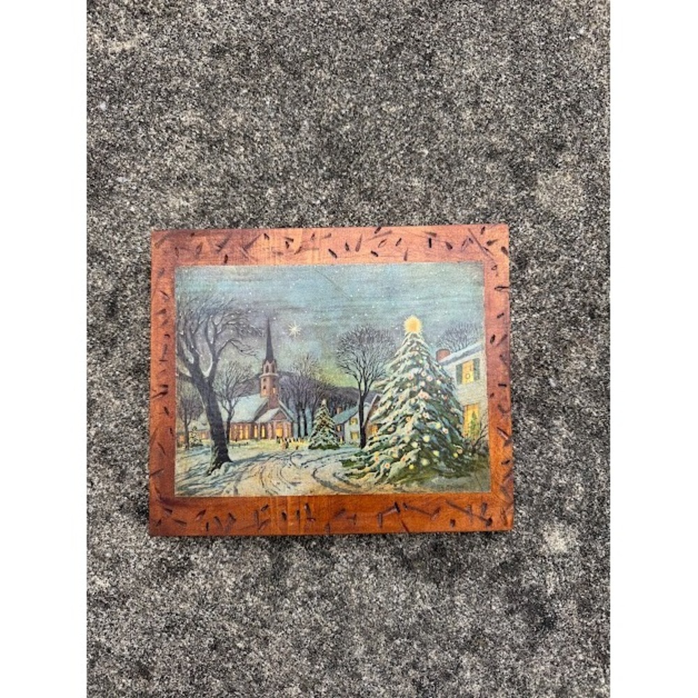 Christmas Winter Rustic Wood Wall Plaque Small Multicolor Snowy Village Scene